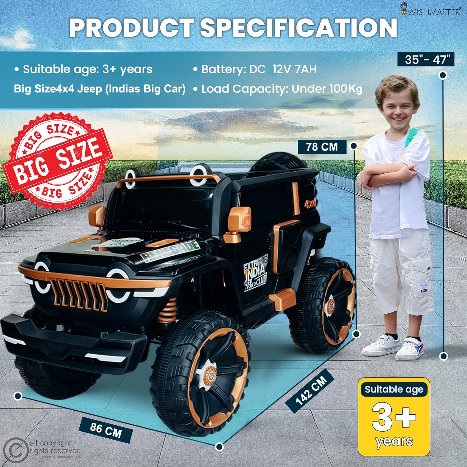 Toy jeep with specifications and a child for scale on a blue mat.